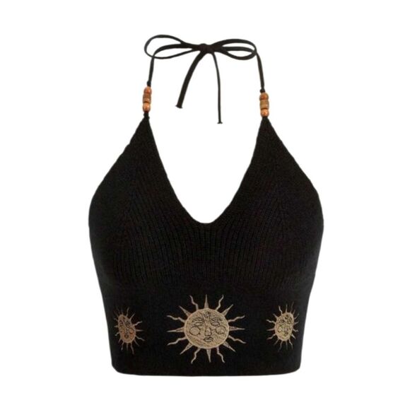 Romwe Black Sun Embroidered  Halter Crop Top Hippie Boho Festival NEW - Picture 2 of 11